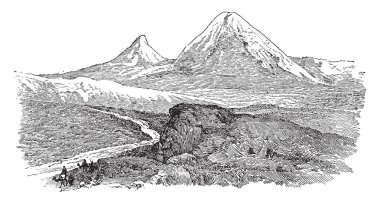 Mount Ararat which is a dormant volcanic cone in Turkey and is approximately 25 miles in diameter, vintage line drawing or engraving illustration. clipart