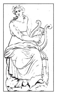 Bu resimde dans ve dramatik koro, vintage çizgi çizim veya gravür illüstrasyon Muse vardır.