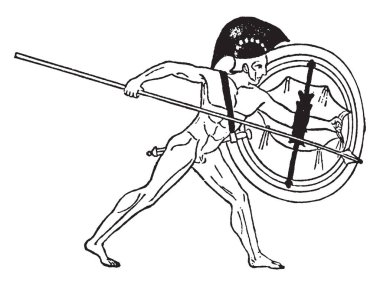 Bu görüntüde işte büyük bir kalkan ve mızrak bir adam, vintage çizgi çizme veya oyma resimde elinde.