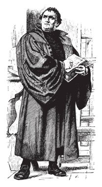 Martin Luther, 1483-1546, he was a German professor of theology, composer, priest, monk, and a seminal figure in the protestant reformation, vintage line drawing or engraving illustration