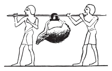 Bu resimde bir bambu tutan iki adam, bir domuz üzerinde bambu astı. Bu Mısır av partisi, vintage çizgi çizme veya oyma illüstrasyon adlandırılır.