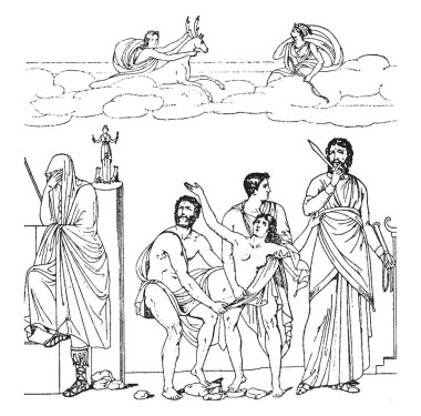 Kral Agamemnon kızı Iphigenia tanrıça Artemis gazabı yatıştırmak için ödün bir resim. Kızı sunak askerler, vintage çizgi çizme veya oyma illüstrasyon bir çift ile sürüklenen.