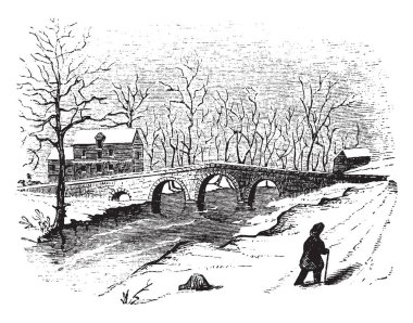 Mills önemli taş vardır Stony Brook üzerinde köprüdür ahşap bir 3d Ocak 1777, vintage çizgi çizme veya oyma illüstrasyon üzerinde yok bir site üzerine.