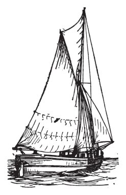 Sloop bir küçük ön ve kıç hileli bir direk ve sabit bowsprint, vintage çizgi çizme veya oyma illüstrasyon gemisi.