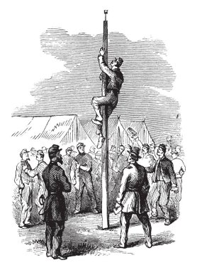 Bir asker yağlanmış direğe tırmanıyor ve diğer askerler onu, vintage çizgi çizme veya oyma illüstrasyon ümit verici gibi görünüyor.