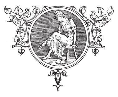 Küçük masada oturan ve değiştirmek onun ayakkabı, vintage çizgi çizme veya illüstrasyon oyma bir kadın