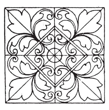 Mağribi döşemeleri Kare Panel vardır dört büyük çiçekler içinde köşeleri, vintage çizgi çizme veya oyma illüstrasyon.
