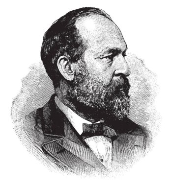 General James Abram Garfield, 1831-1881, o 20 Cumhurbaşkanı Amerika Birleşik Devletleri ve Ohio, vintage çizgi çizme veya oyma illüstrasyon ABD Temsilciler Meclisi üyesi oldu