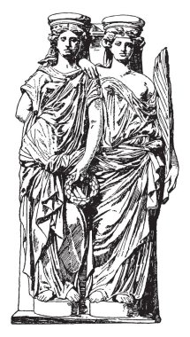 Modern Caryatid iki kadın figürleri, modern, desteği, yüksek, mahkeme, bina, vintage çizgi çizme veya oyma illüstrasyon.