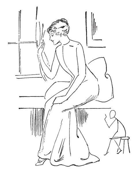 Une Femme Assise Près Fenêtre Regardant Extérieur Dessin Ligne Vintage — Image vectorielle