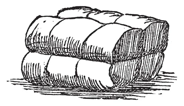 这张插图代表了捆纸干草棉和紧紧包裹和束缚与绳索或箍 复古线条画或雕刻插图 — 图库矢量图片