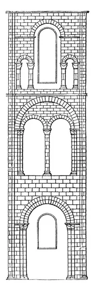 Saxon Architecture, comprehends all English architecture previous to the Gothic style, characterized by round-headed doors and windows,  vintage line drawing or engraving illustration.