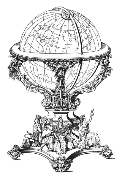 Globe Una Obra Arte Tallada Ciencia Tierra Dibujo Línea Vintage — Vector de stock