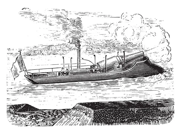 生産の小型砲艦のヴィンテージには 図が刻まれています 産業百科事典 1875 — ストックベクタ