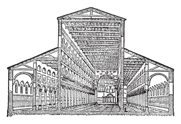 Basilica of Old St Peter, Sectional view of the old Basilica of St. Peter, its destruction in the 16th century,  an Italian Renaissance church, in Vatican City, vintage line drawing or engraving illustration.