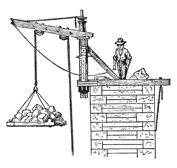 この図は 橋脚と塔 ビンテージの線描画や彫刻の図で使用されている支台クレーン — ストックベクタ