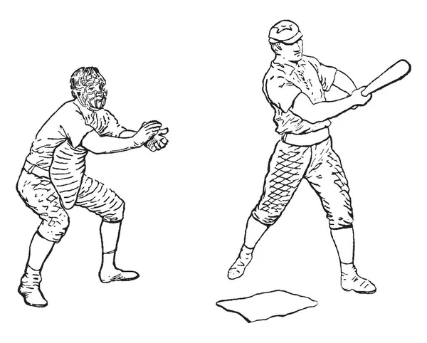 Бэттер Кэтчер Время Игры Бейсбол Рисование Винтажной Линии Гравировка Иллюстрации — стоковый вектор