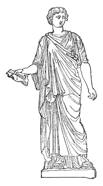 Bu görüntüde bir kayada duran bir adam heykeli var ve elinde bir kağıt, vintage çizgi çizme veya oyma illüstrasyon.