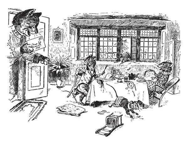Four rats sitting on dining table and eating, a cat holding letter came inside and two baby rats running and another two rats got scared, chair fell on ground, vintage line drawing or engraving illustration