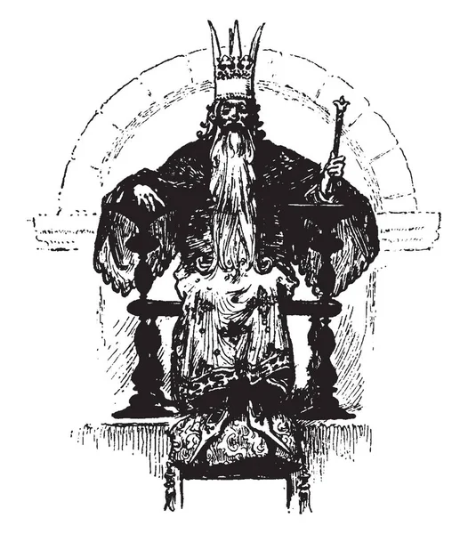 Rei Com Coroa Cabeça Sentado Trono Segurando Pessoal Mão Desenho —  Vetores de Stock