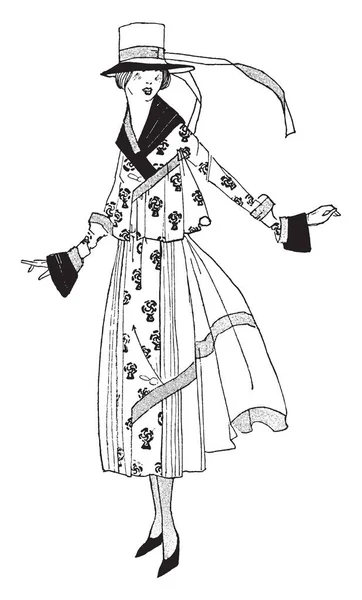 第二十世纪初礼服有一个长丝带的圆筒帽 复古线条画或雕刻插图 — 图库矢量图片