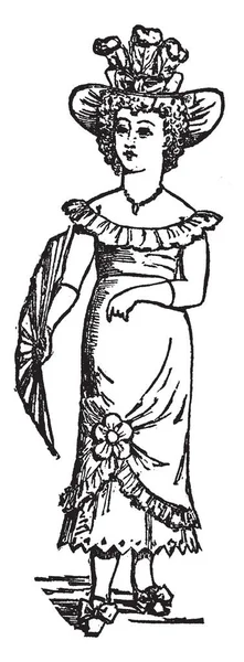 ファニー このシーンを示しています女の子身に着けていた帽子と つの手 ヴィンテージの線描画や彫刻イラストで持株ハンドヘルド ファン — ストックベクタ