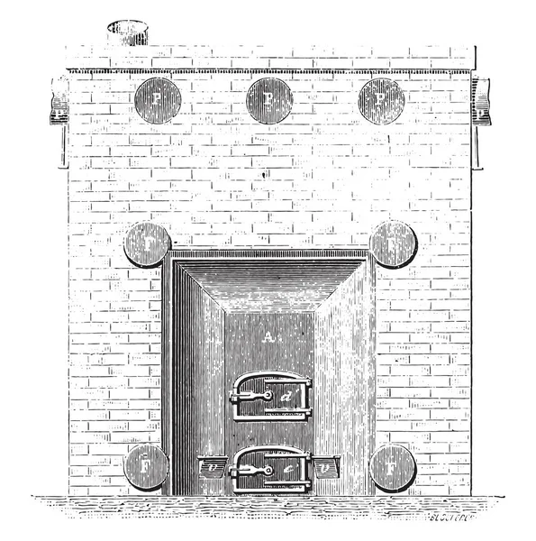 地階の炉の正面 ヴィンテージには 図が刻まれています 産業百科事典 1875 — ストックベクタ