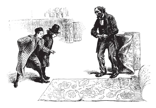 Принц Томми Этой Сцене Изображен Человек Рулонами Печатных Тканей Двумя — стоковый вектор