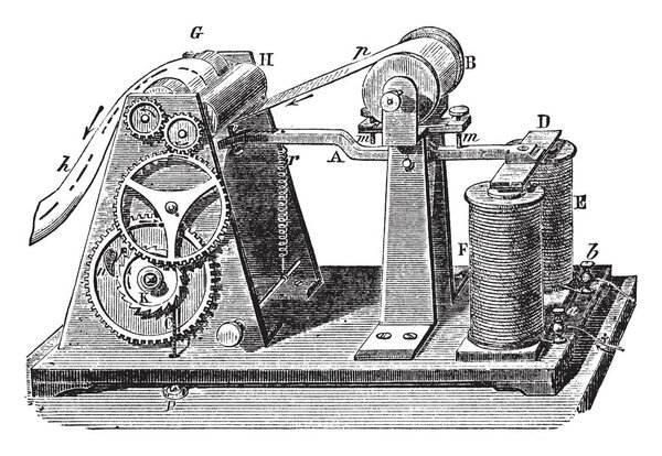 This illustration represents Magnetic Telegraph which represents the construction and arrangement of this form of telegraph, vintage line drawing or engraving illustration.