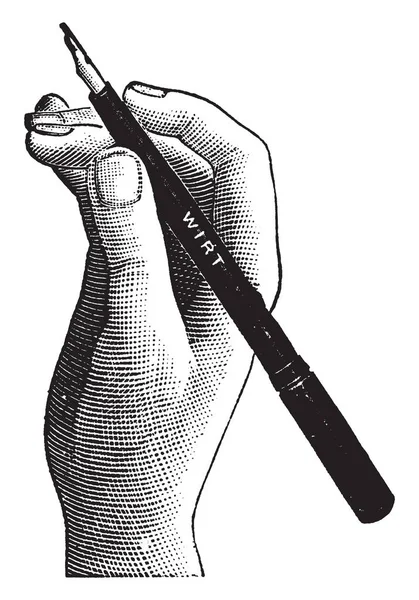 Hand Hält Stift Und Schreibgerät Vintage Linienzeichnung Oder Gravierillustration — Stockvektor