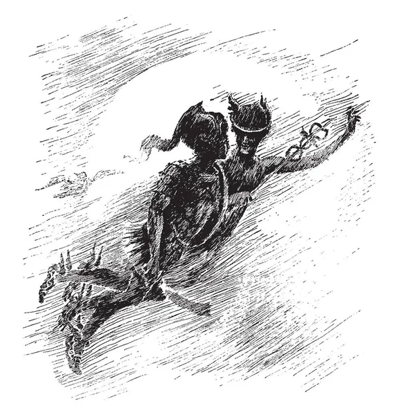 Gorgon'ın, bu sahneyi bir kadın ve erkek birlikte hava, vintage çizgi çizme veya oyma illüstrasyon uçan gösterir