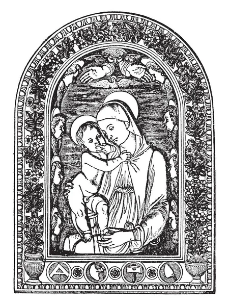 This is Virgin Mary and Jesus. This is an illustration of an enameled clay relief of the Virgin Mary and Jesus, vintage line drawing or engraving illustration.