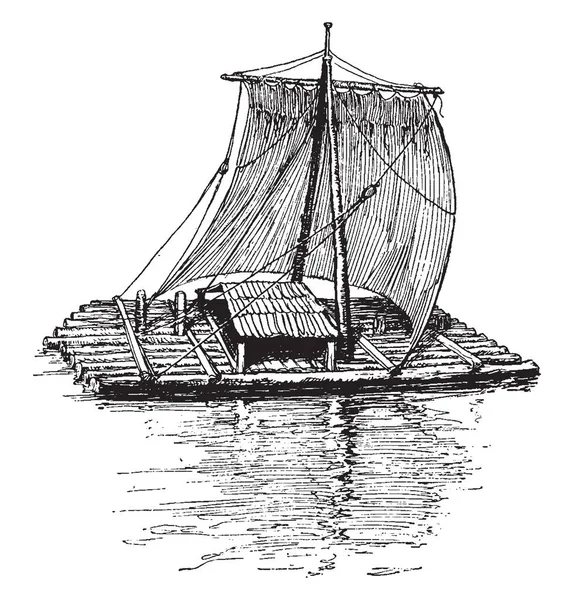 漂流是任何扁平的结构 用于支持或运输在水面上 老式线绘图或雕刻插图 — 图库矢量图片