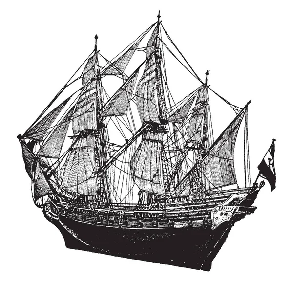 ビンテージの線描画や彫刻イラストの 1600 年代後半にニューヨークのオランダ人戦争船 — ストックベクタ
