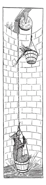 井戸と井戸の上部に他のバケツにオオカミ プーリー ビンテージの線描画や彫刻イラストにバケットのバケットの狐 — ストックベクタ