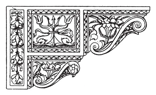 文艺复兴时期的控制台是一个威尼斯设计 组合几个较小的控制台 形成一个复合 复古线画或雕刻插图 — 图库矢量图片
