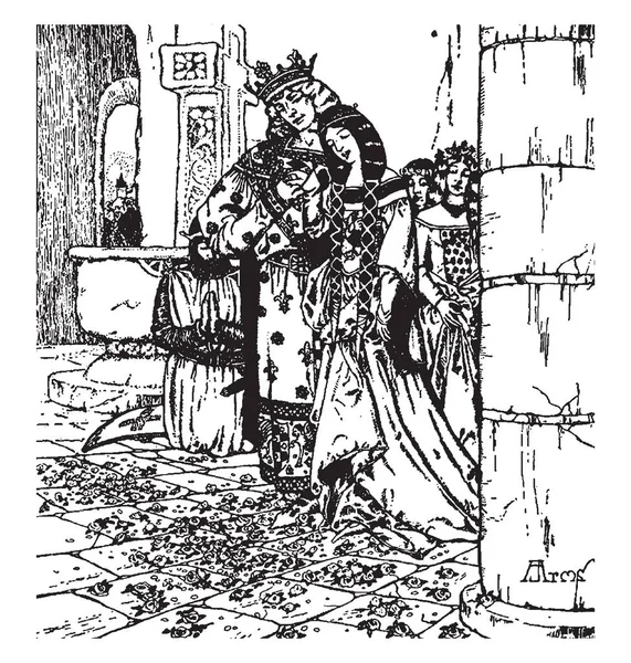 アーサーとグェニヴィア このシーンは王 それらの背後に立っている 人の女性 彼の手で女王の手を握っての結婚式を示しています ビンテージの線描画や彫刻イラスト花 — ストックベクタ