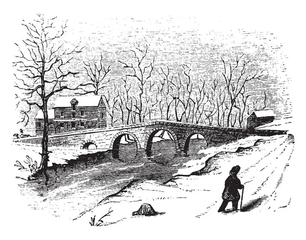 Mills önemli taş vardır Stony Brook üzerinde köprüdür ahşap bir 3d Ocak 1777, vintage çizgi çizme veya oyma illüstrasyon üzerinde yok bir site üzerine.