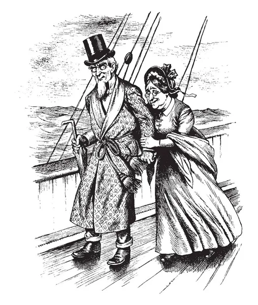 Мужчина Женщина Идущие Палубе Корабля Рисующие Винтажные Линии Гравирующие Иллюстрации — стоковый вектор