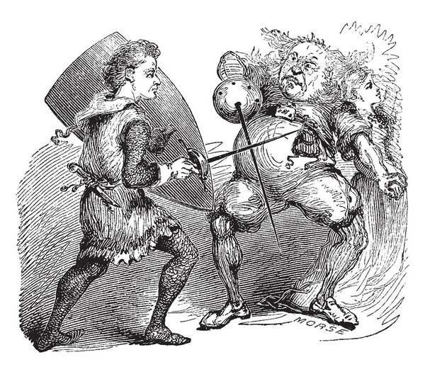 Knight Battling Troll, this scene shows two men are fighting with shield and swords, vintage line drawing or engraving illustration