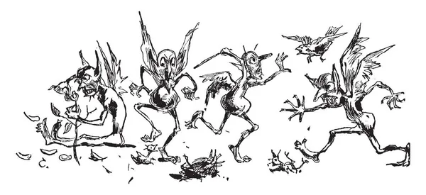 儿童的天堂 这张图片显示了四只与鸟类在一起的精灵 复古的线条画或雕刻的插图 — 图库矢量图片