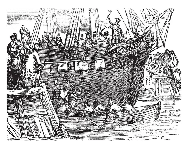 Boston Tea Party Dessin Ligne Vintage Illustration Gravure — Image vectorielle