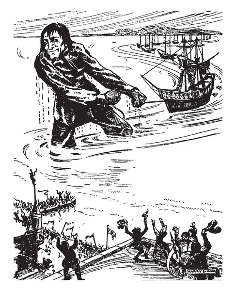 格列佛在胜利 这个场景显示一个巨大的男子拉船在水和其他船舶在队列和士兵站在岸上举行国旗和举手 复古线条画或雕刻插图 — 图库矢量图片