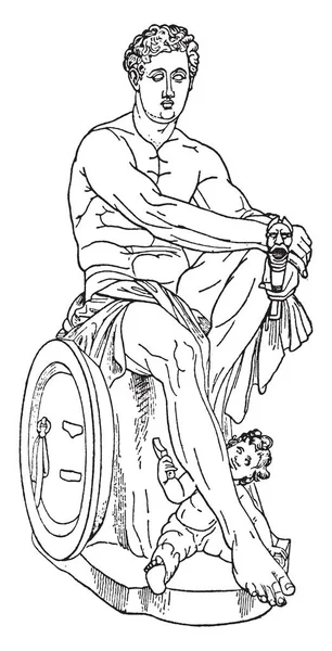 Скульптура Человека Сидящего Камне Сын Играет Ногой Отца Рисует Винтажные — стоковый вектор
