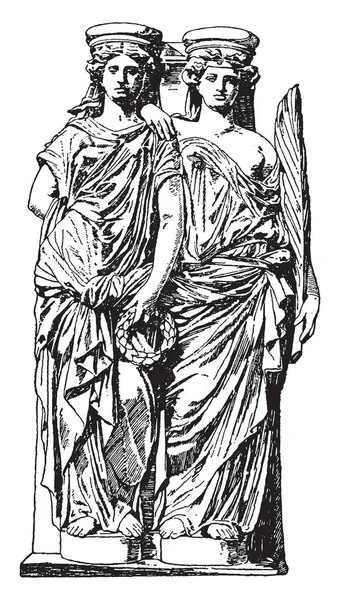 Caryatid Moderno Dos Figuras Femeninas Moderno Soporte Supremo Corte Edificio — Vector de stock