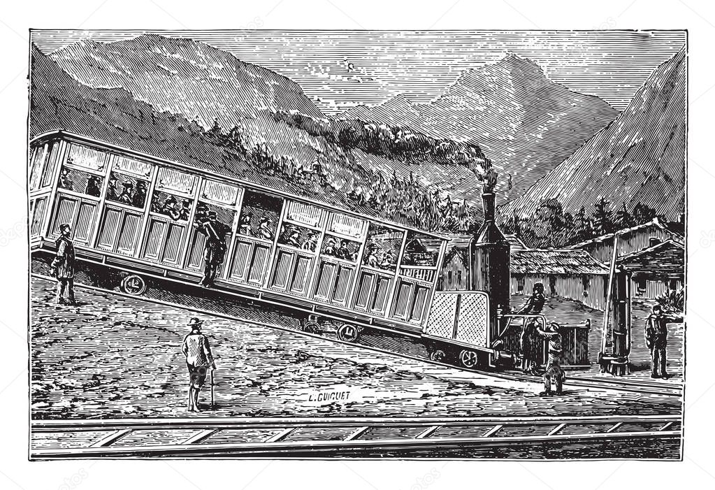 Railway rack Rigi. Locomotive and freight car, vintage engraved illustration. Industrial encyclopedia E.-O. Lami - 1875