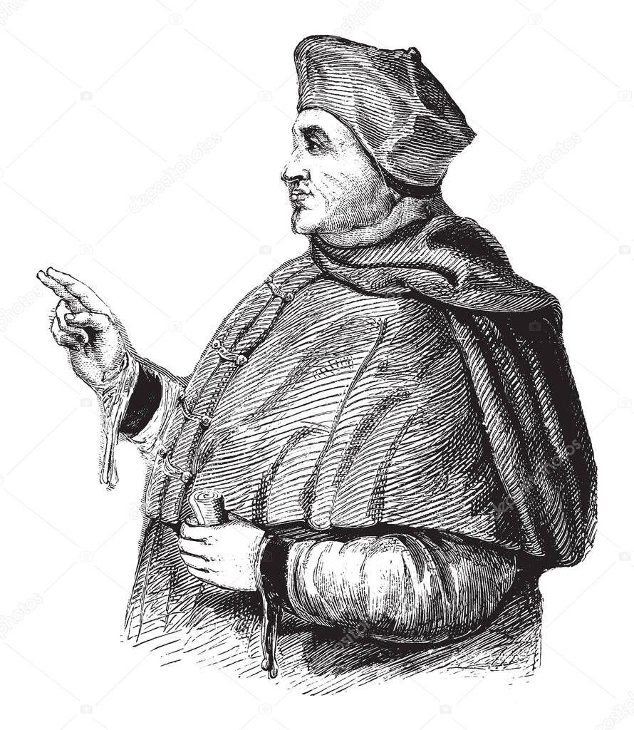 Cardinal Thomas Wolsey, 1473-1530, he was an English churchman, statesman and a cardinal of the Roman catholic church, vintage line drawing or engraving illustration