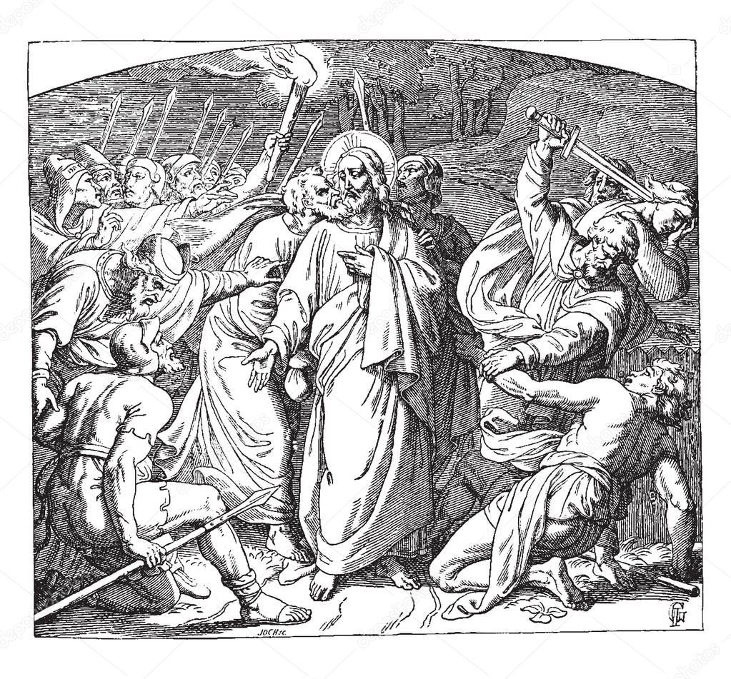 Judas Betraying Jesus with a Kiss, this scene shows Jesus standing in middle and one man trying to kiss Jesus, and group of men holding spears and swords, one man raising sword on another man, vintage line drawing or engraving illustration