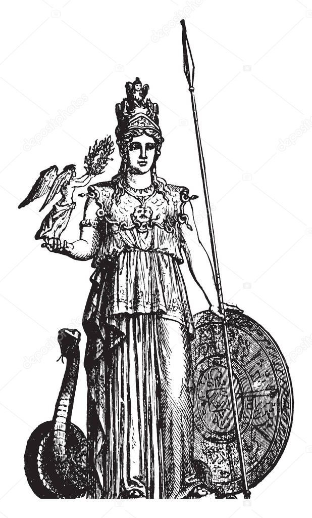 A standing statue of Greek Roman Goddess of War with a Snake, vintage line drawing or engraving illustration.