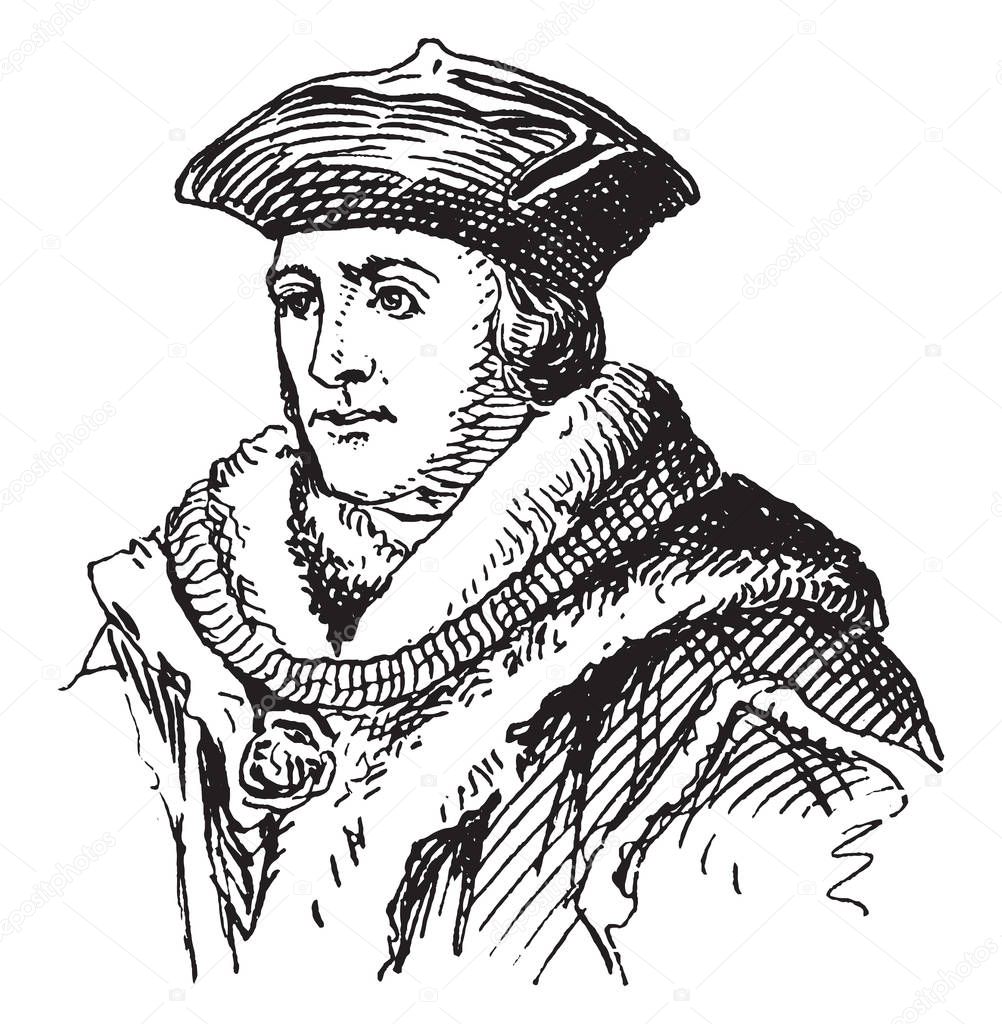 Sir Thomas More, 1478-1535, he was an English lawyer, social philosopher, author, statesman and noted Renaissance humanist, vintage line drawing or engraving illustration